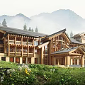 Traditional Wooden Architecture With Eaves Roof Surrounded By Greenery And Misty Mountains