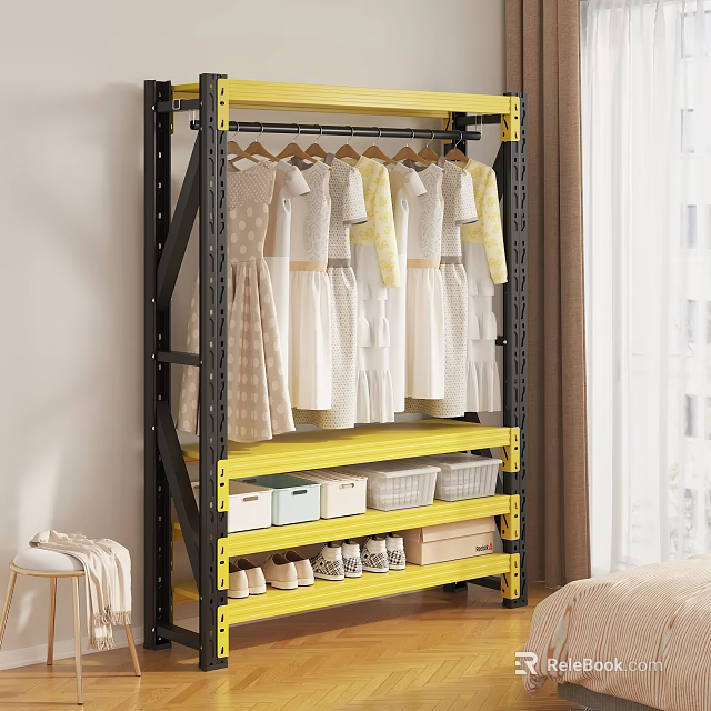 Bedroom Interior With Yellow Metal Shelf Hanging Dresses Storage Boxes Baskets And Shoes 3d model 