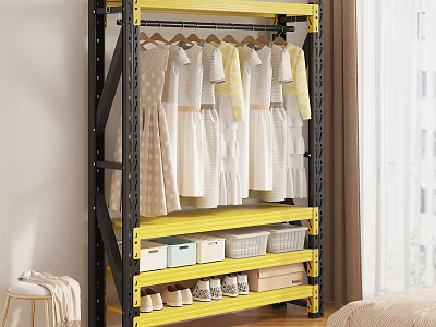 Bedroom Interior With Yellow Metal Shelf Hanging Dresses Storage Boxes Baskets And Shoes 3d model