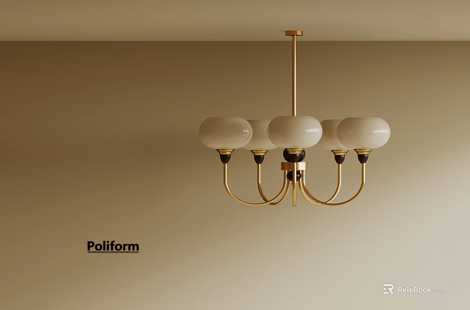 Poliform Modern Chandelier With Golden Frame And White Shades Hanging From Ceiling 3d model 