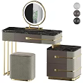 Elegant Vanity Table With Marble Top Gold Metal Frame Round Mirror Drawers And Upholstered Stool