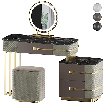 Elegant Vanity Table With Marble Top Gold Metal Frame Round Mirror Drawers And Upholstered Stool 3d model