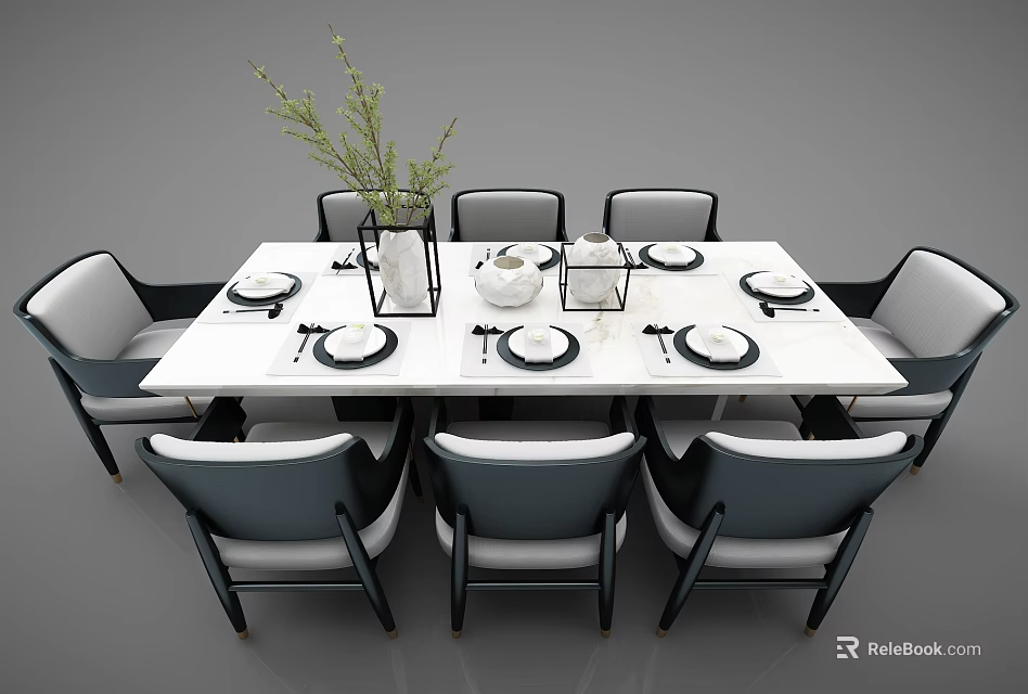Elegant White Rectangular Dining Table Set With Gray White Chairs Tableware And Decorative Green Plant 3d model