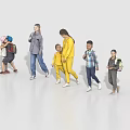 People of Different Ages Walking Together With Backpacks on White Background