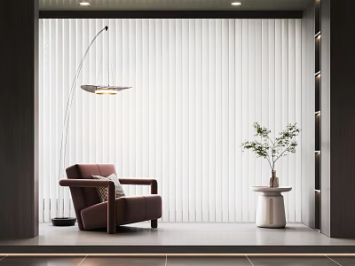 Modern White Vertical Blinds In Living Space With Brown Armchair Floor Lamp And Green Plant 3d model