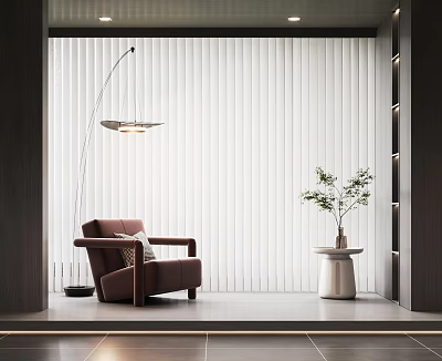 Modern White Vertical Blinds In Living Space With Brown Armchair Floor Lamp And Green Plant 3d model