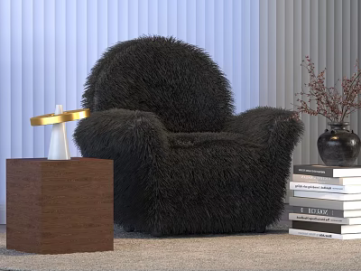 Modern Table Lamp On Brown Cube Side Table Next To Black Fuzzy Armchair 3d model