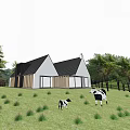 Detached Villa With Sloped Roof And Wooden Exterior In Sunlit Grassland Surrounded By Pine Trees