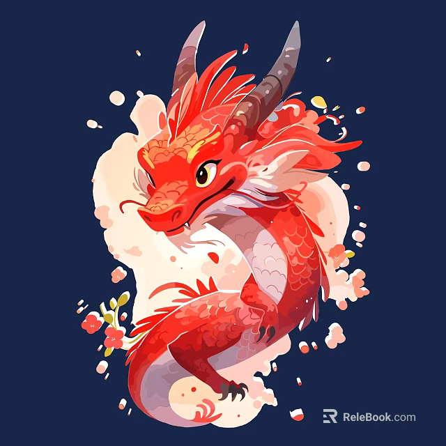 Vibrant Red Dragon Wall Decor With Cherry Blossoms And Petals On Dark Blue Background 3d model 