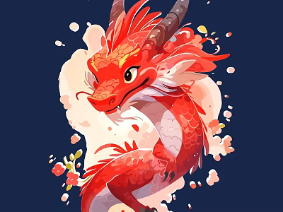 Vibrant Red Dragon Wall Decor With Cherry Blossoms And Petals On Dark Blue Background 3d model