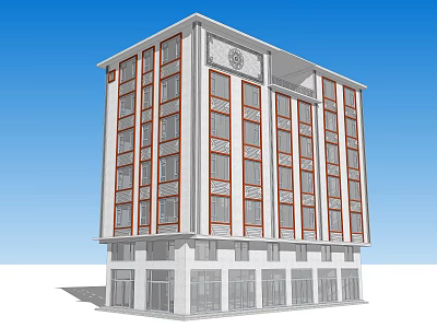 Modern Commercial Building With White Exterior Red Window Frames And Ground Floor Entrances 3d model