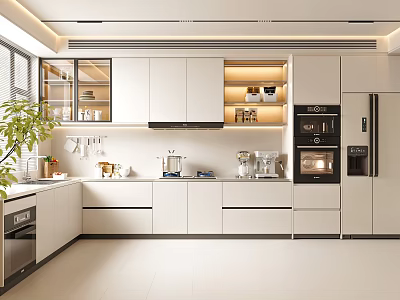 Modern Kitchen Interior Design With White Cabinets Island Counter And Integrated Appliances 3d model