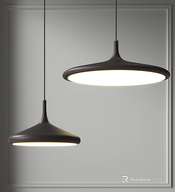 Modern Two Dark Brown Dome Shaped Pendant Lights With Soft Warm Glow In Minimalist Interior 3d model 