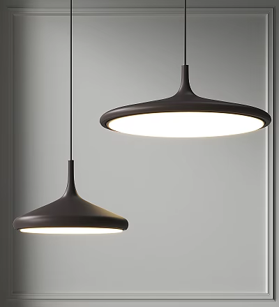 Modern Two Dark Brown Dome Shaped Pendant Lights With Soft Warm Glow In Minimalist Interior 3d model