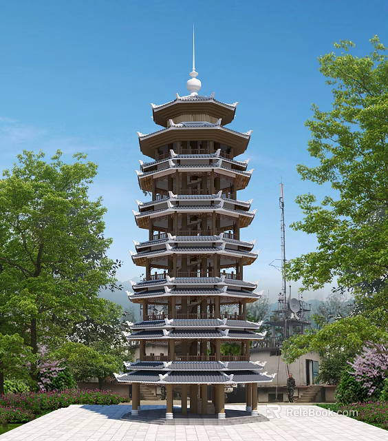 Ancient Pagoda Architecture with Multistory Traditional Design Surrounded by Lush Green Trees Under Blue Sky 3d model 