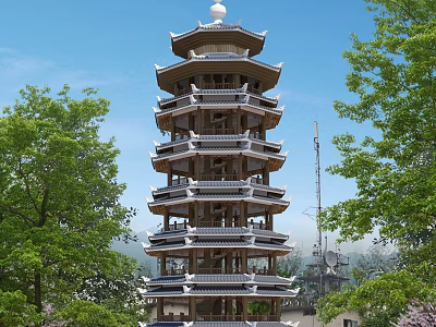 Ancient Pagoda Architecture with Multistory Traditional Design Surrounded by Lush Green Trees Under Blue Sky 3d model