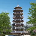 Ancient Pagoda Architecture with Multistory Traditional Design Surrounded by Lush Green Trees Under Blue Sky