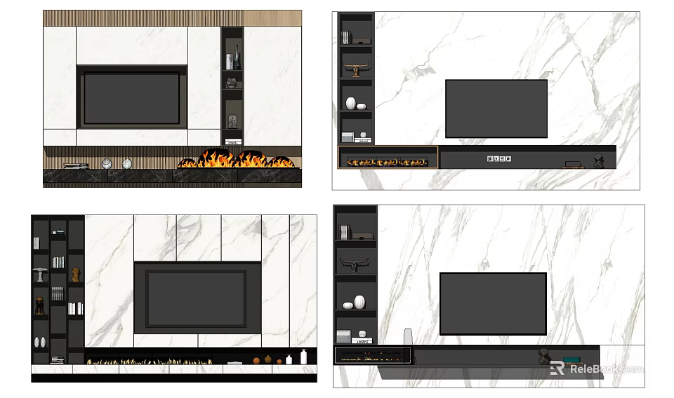 Modern TV Background Wall Interior Design With Marble Texture And Floating Shelves 3d model