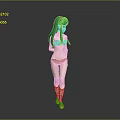 3D Character Design With Green Long Hair Orange Striped Bikini And Laced Boots