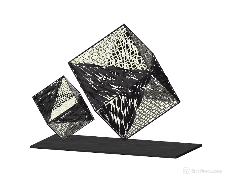 Modern Decorative Ornament Set With Hollow Cube Design And Black Base 3d model 