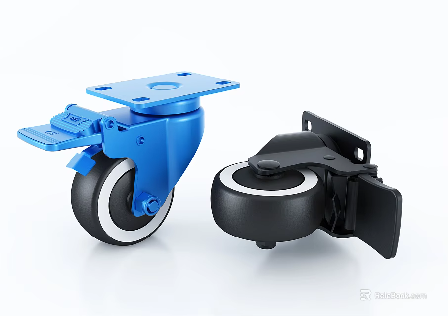 Blue And Black Swivel Caster Wheels With Sturdy Metal Brackets And Rubber Tires 3d model 
