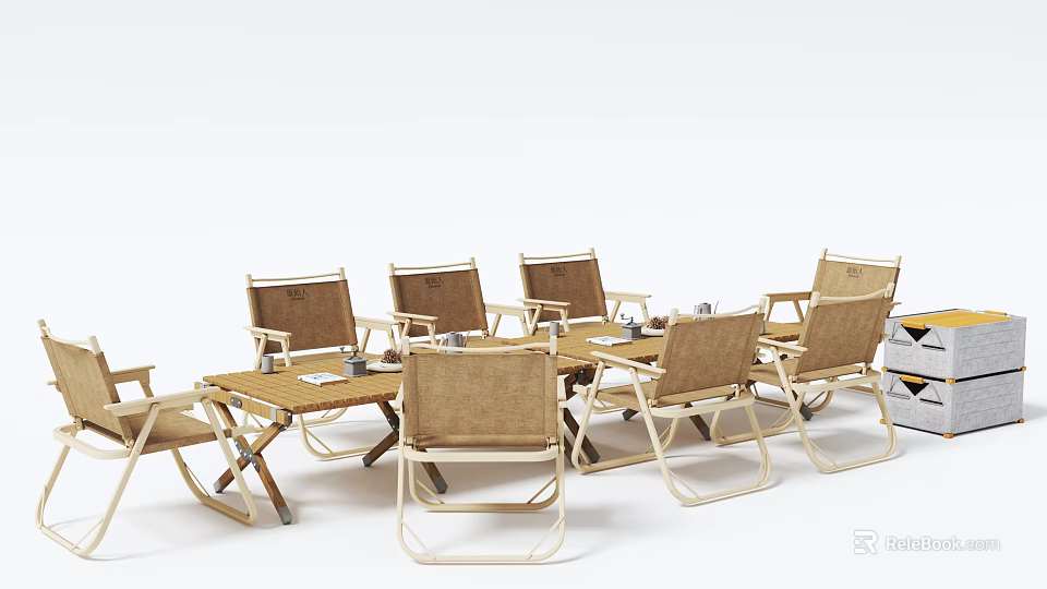 Outdoor Dining Table Set With Wicker Chairs And Natural Wooden Frame For Garden Patio 3d model 