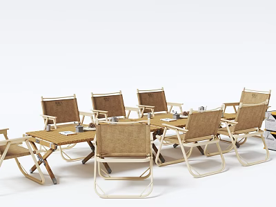 Outdoor Dining Table Set With Wicker Chairs And Natural Wooden Frame For Garden Patio 3d model