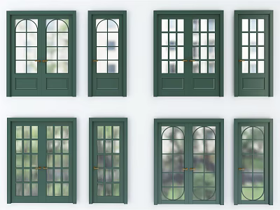 Green Double Doors With Arched Glass Panels And Grid Window Designs 3d model