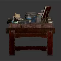 Wooden Table With Alchemy Tools Open Book Vials Scrolls And Magical Items