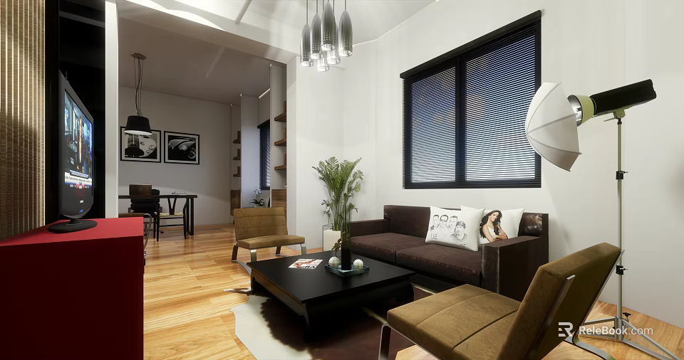 Modern Public Office Space With Sofa Coffee Table Chairs Plants And Pendant Lights 3d model 