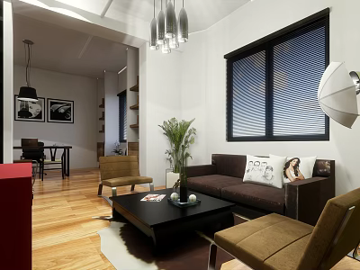 Modern Public Office Space With Sofa Coffee Table Chairs Plants And Pendant Lights 3d model