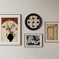 Various Abstract Paintings with Framed Artwork Geometric Patterns and Woven Design on Wall 3d model