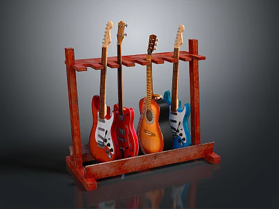 Sturdy Wooden Guitar Stand Displaying Colorful Electric And Acoustic Guitars 3d model