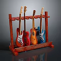 Sturdy Wooden Guitar Stand Displaying Colorful Electric And Acoustic Guitars