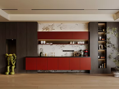 Modern Red Sideboard with Dark Wood Cabinets Marble Wall Decorative Sculpture and Potted Plant 3d model