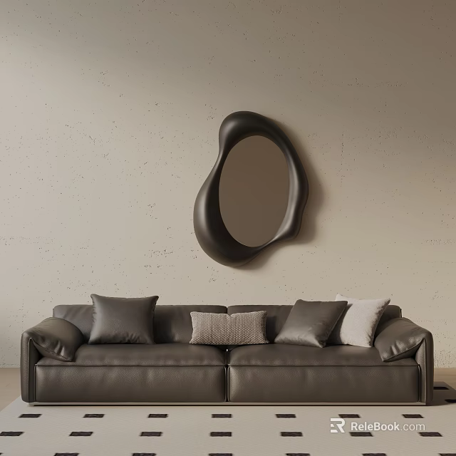 Black Leather Three-Seater Sofa With Gray Beige Throw Pillows And Irregular Mirror On Wall 3d model 