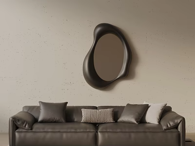 Black Leather Three-Seater Sofa With Gray Beige Throw Pillows And Irregular Mirror On Wall 3d model