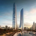 Modern Tall Curved Office Buildings By Riverside With Urban Skyline And Sunset Sky