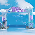 Event Entrance Arch With Rainbow Decoration Clouds Green Plants Transparent Material And Blue Sky Background