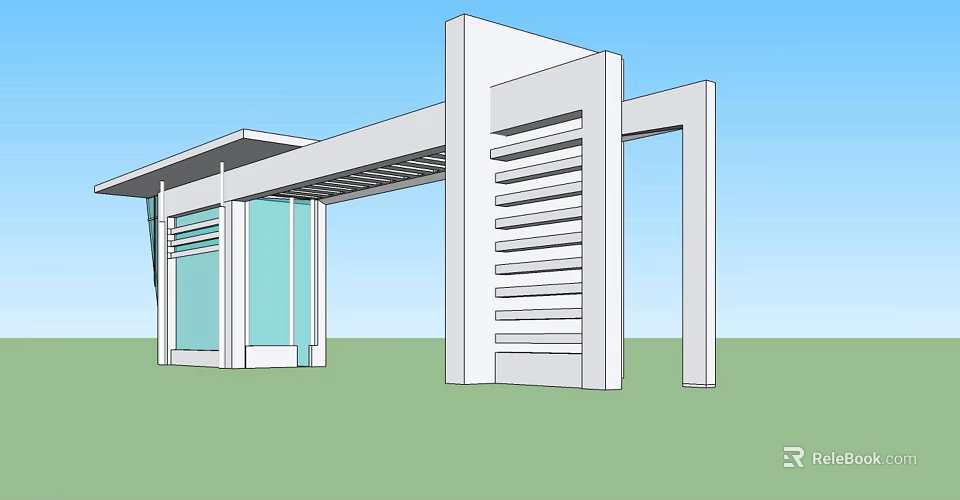 Modern Entrance Gate With White Slatted Structure And Glass Panels Under Blue Sky 3d model 