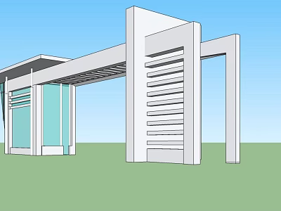 Modern Entrance Gate With White Slatted Structure And Glass Panels Under Blue Sky 3d model