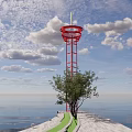 Red Metal Tower With Circular Top On Seaside Pathway At Sunset Sky