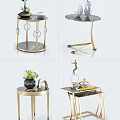 Modern Elegant Round Side Tables With Gold Metal Frame And Marble Top Decorative Plants