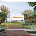Scenic Park Landscape With Lush Trees Lawn Wooden Walkway And Greenery Benches