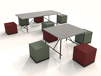 Outdoor Table with Gray Tabletop Black Legs and Woven Green Red Stools 3d model