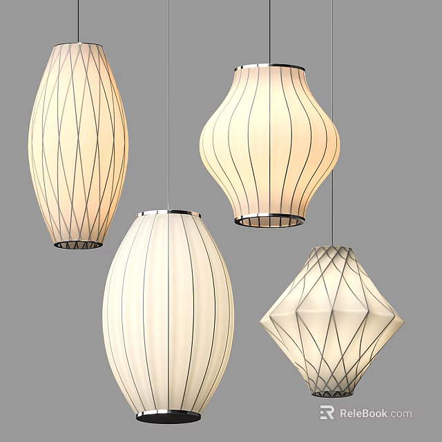 Modern Hanging Pendant Lights With White Shades And Geometric Design Details 3d model 