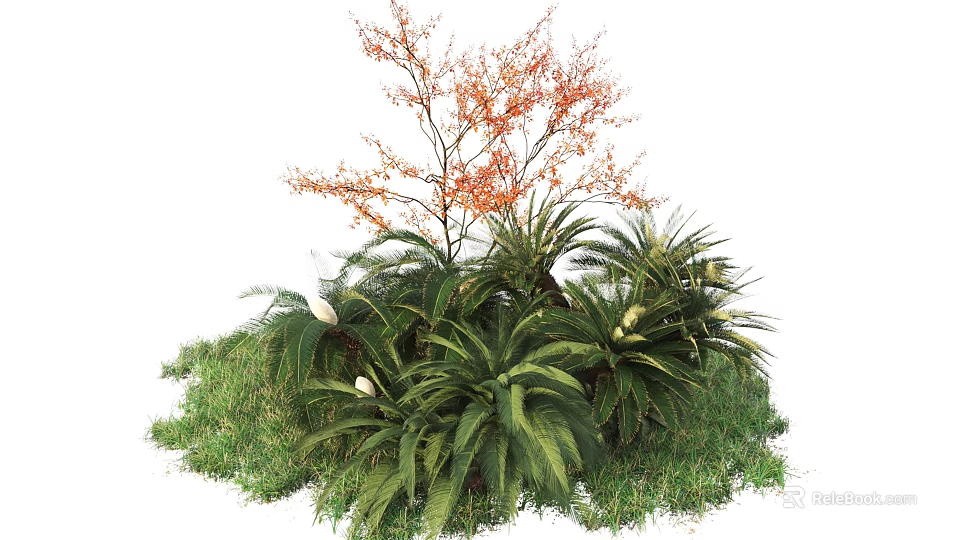 Lush Garden Shrubs With Diverse Green Foliage And Orange Branches 3d model 