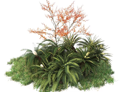 Lush Garden Shrubs With Diverse Green Foliage And Orange Branches 3d model