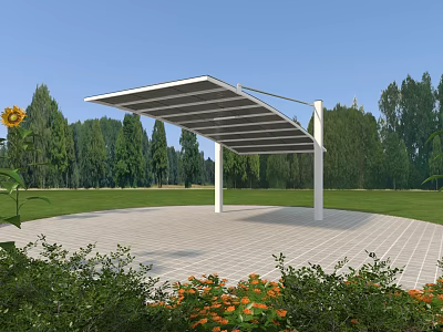 Outdoor Pergola with White Shade Structure Over Tiled Floor Surrounded by Green Trees and Flowers 3d model