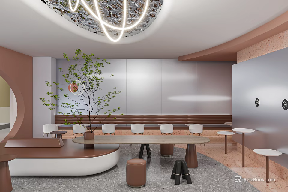 Modern Bubble Tea Shop Interior Design With Green Plant Tables And Chandelier Lighting 3d model 
